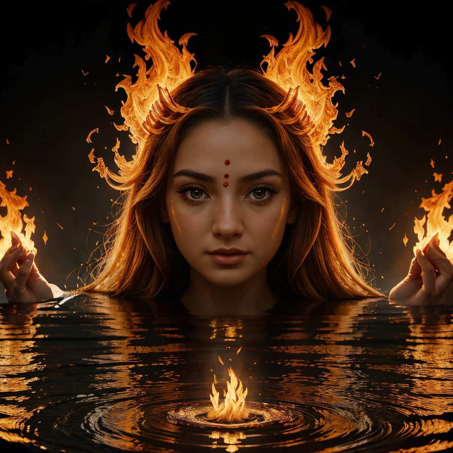 um flor de lotus em chama, a close-up of a reflection of fire and water on a surface, Jen Bartel, holy fire spell art, Dan Mumford e Alex Grey Estilo, Fire reflection, fire and water, Aura de poder. circunstanciado, solstice fire, holy flame spell, Directed by: Jason Benjamin, holy flame crown spell, digital illustration radiating, energy flows of water and fire, Lotus Do in Resolution 2.048 x 1.152 pixels