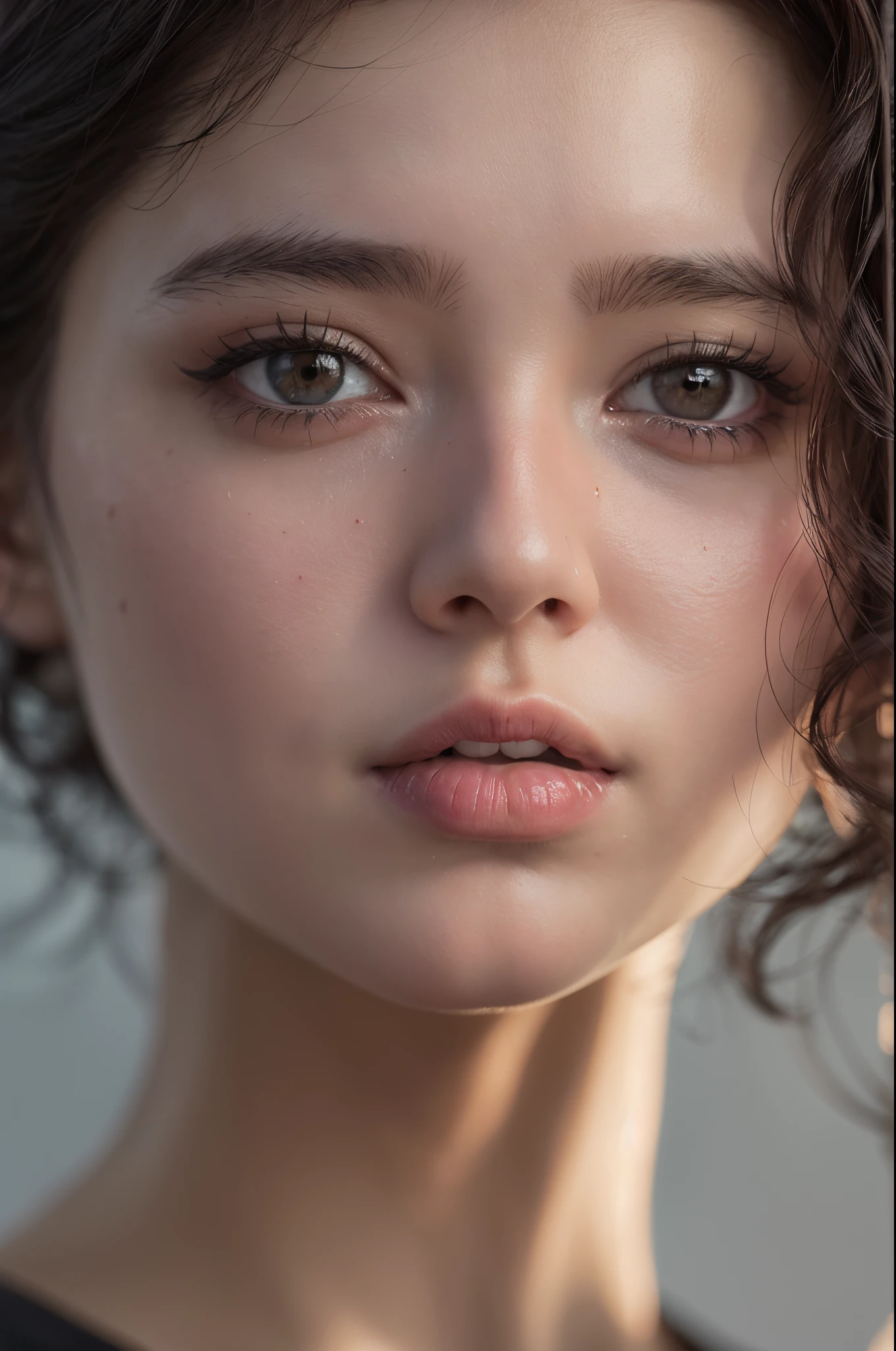 (Raw photo, Best Quality), (Realistic, Photorealsitic:1.3), masutepiece, extremely delicate and beautiful, Extremely detailed, nffsw, Unity, 8K, amazing, finely detail, Ultra-detailed, hight resolution, absurderes, Soft light, (Black hair, Short hair, Curly hair, hair messy, Bangor Tiful Detail Girl, Detailed fingers, extremely detailed eye and face, beautiful detailed nose, Beautiful detailed eyes, (Light on Face), Looking at Viewer, (Closed mouth:1.2), 1girl in, Cute, 年轻, Mature Face, pale skin, (Half body:1.3, sittingium'breastsout), Realistic face, Realistic body, beautiful detailed thigh, (ulzzang -6500-v1.1:0.6), Black shirt, (Semi-smile:1.3),cowboy shot