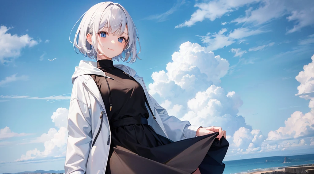 Ultra-high image quality,Look at viewers, hands behind back, girl with, 20 years old, Very short hair, long bangs between eyes, pale blue eyes, Hoodie, Skirt , Extremely detailed,(​masterpiece、top-quality),White hair、A smile、Fantastical, Silver hair, Black eyes,  Hoodie, White hoodie,a black skirt,Hair is short,White jacket, Casual style,Open jacket,  Cowboy Shot、Fluttering hair、a small face、Bright smile、(Detailed face) ,profetional lighting,fantastic landscape,Blue sky, Sunlight,look down from above,portraitures、flower  field