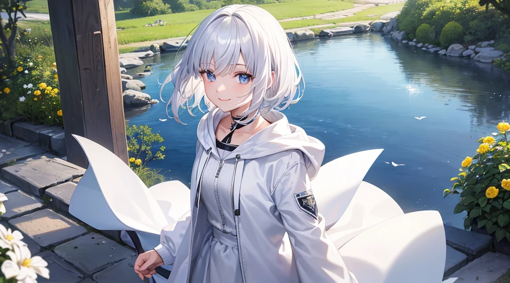Ultra-high image quality,Look at viewers, hands behind back, girl with, 20 years old, Very short hair, long bangs between eyes, pale blue eyes, Hoodie, Skirt , Extremely detailed,(​masterpiece、top-quality),White hair、A smile、Fantastical, Silver hair, Black eyes,  Hoodie, White hoodie,a black skirt,Hair is short,White jacket, Casual style,Open jacket,  Cowboy Shot、Fluttering hair、a small face、Bright smile、(Detailed face) ,profetional lighting,fantastic landscape,Blue sky, Sunlight,look down from above,portraitures、flower  field