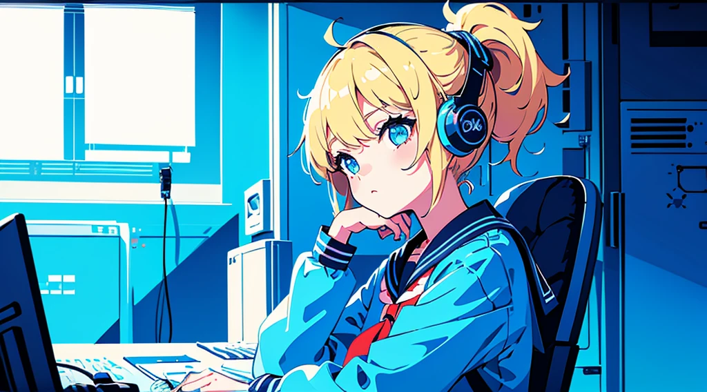 (1 girl, blonde hair, ponytail, blue eyes, sailor suit, headphone, sitting in a chair, kawaii), (blue cyberpunk, room with big monitors, blue neon), (low contrast, flat color, limited palette)