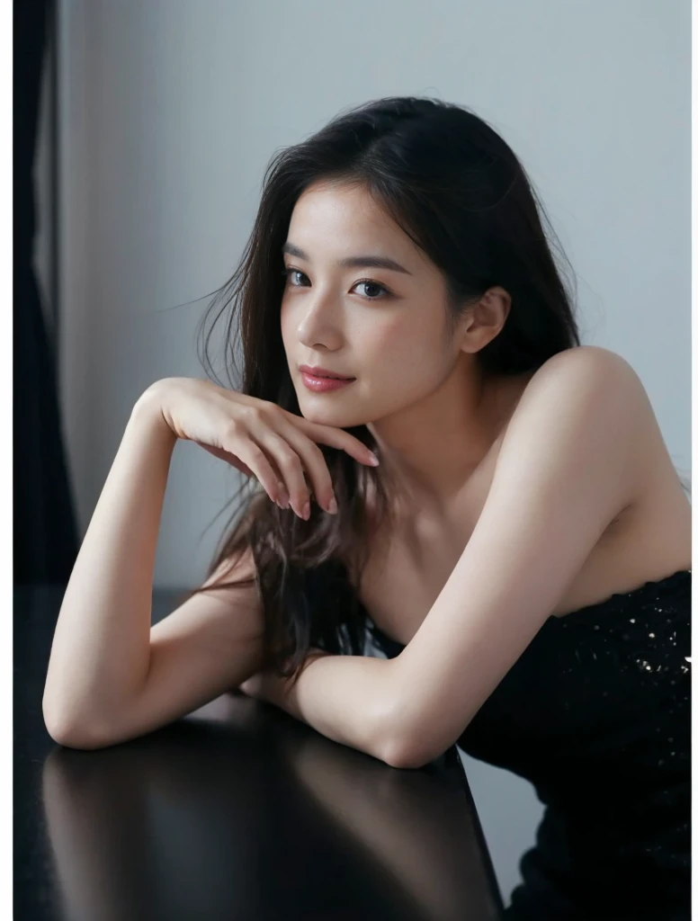 (On a table, Best quality at best, realistically, ultra - detailed, meticuloso, A high resolution, 8k wallpaper), Close-up portrait of a beautiful woman, Chariada, Smiling, light brown messy hair, Perfect dynamic composition, 美丽meticuloso的眼睛, Just like the cover of a fashion magazine, On campus