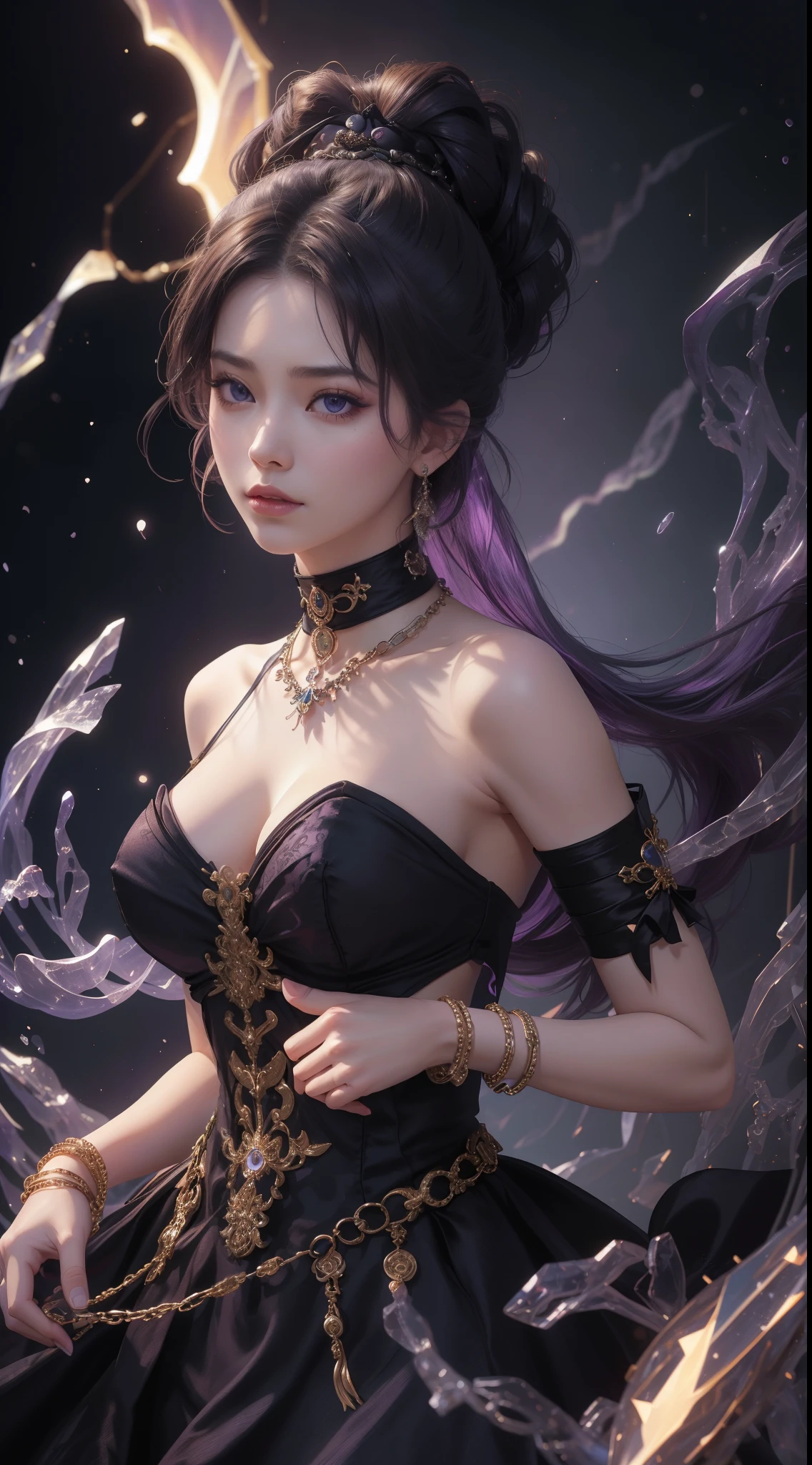 tmasterpiece，Highest image quality，Bondage bust of beautiful slave sister，Exquisite purple updo hairstyle，blacksilk，Decorated with a range of metal chokers and anklets，Ultra-detailed details，advanced。At the Pixiv Art Station，Break your own power，，The kinky is exposed，R-18G