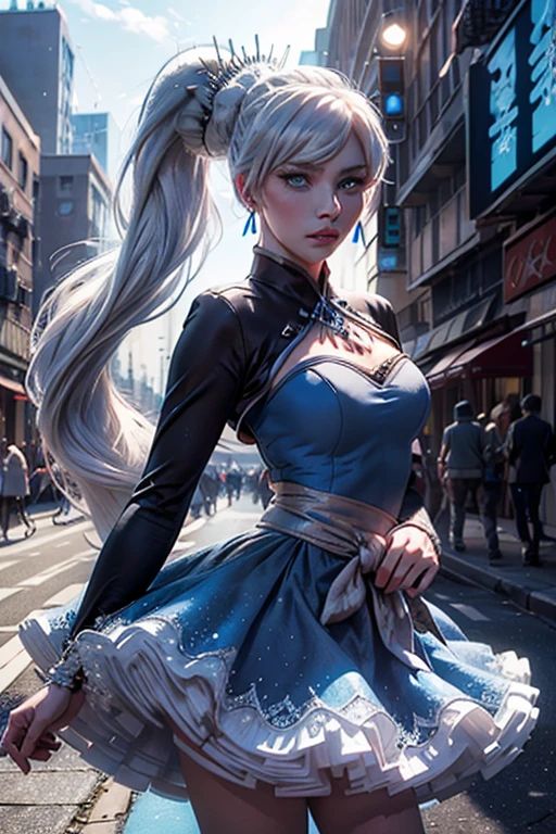 masterpiece,best quality, (weiss schnee from RWBY), (blue eyes), (long white hair), (side ponytail), (medium breasts), (weissmistral, blue dress, long sleeves, jewelry, earrings), cityscape background