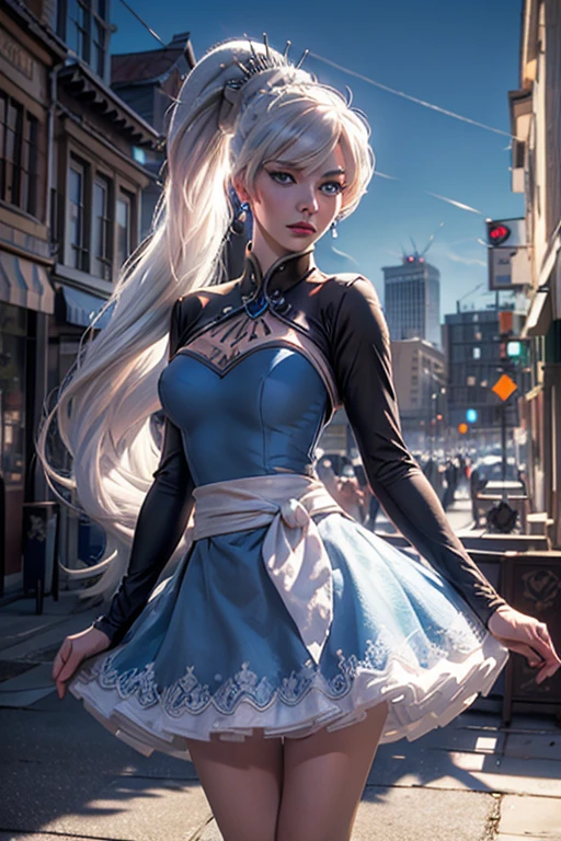 masterpiece,best quality, (weiss schnee from RWBY), (blue eyes), (long white hair), (side ponytail), (medium breasts), (weissmistral, blue dress, long sleeves, jewelry, earrings), cityscape background