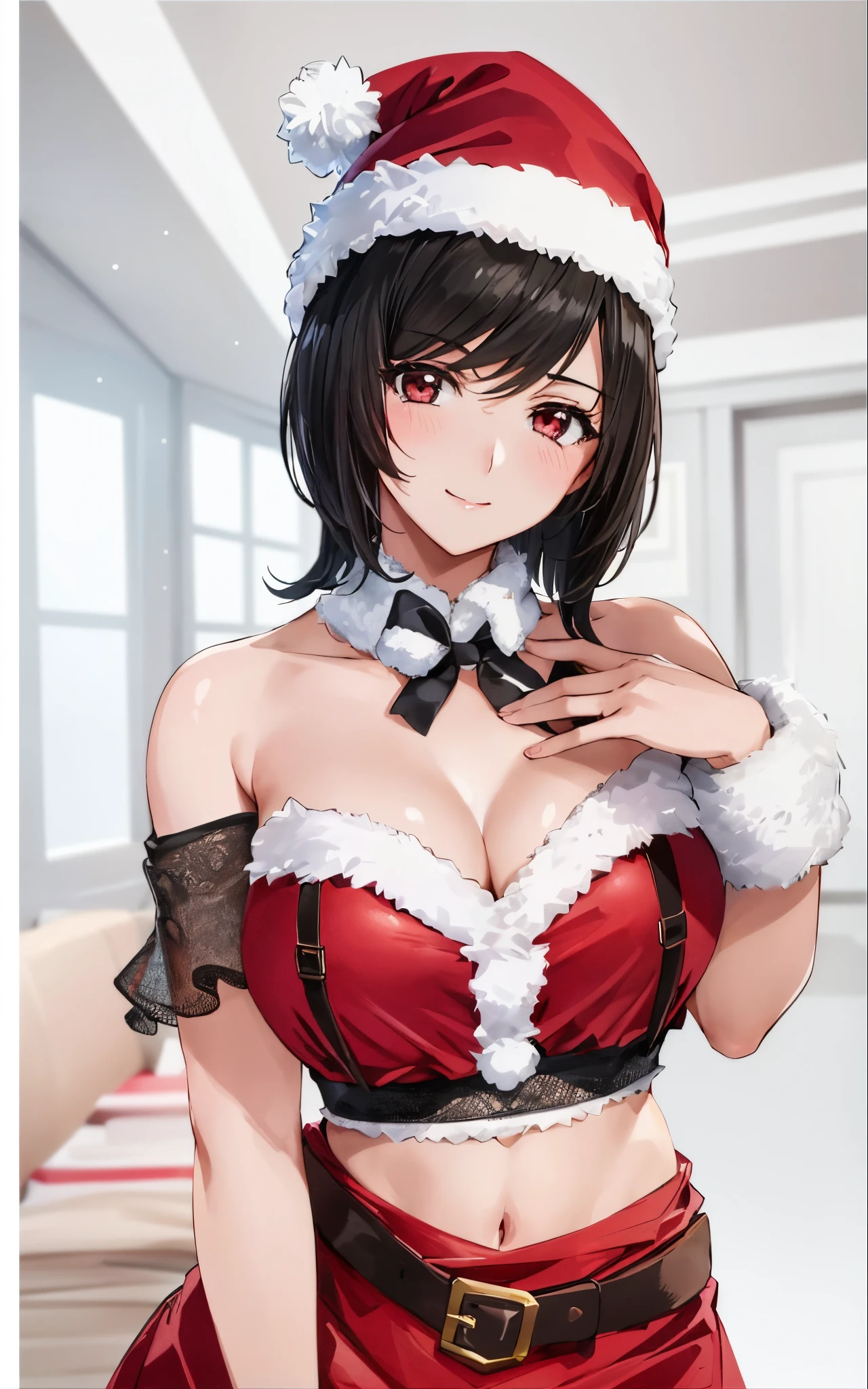 1girl, beautiful face, beautiful body, first rate female body, blush, medium breasts, looking at viewer, closed mouth, light smile, thighs, from front, cowboy shot, short hair, black hair, bob hair, sweptbangs:1.4,tifa, tifa lockhart, mature women, cleavage, santa outfit