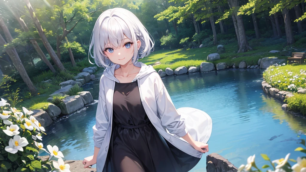 Ultra-high image quality,Look at viewers, hands behind back, girl with, 20 years old, Very short hair, long bangs between eyes, pale blue eyes, Hoodie, Skirt , Extremely detailed,(masterpiece、top-quality),White hair、A smile、Fantastical, Silver hair, Black eyes, Hoodie, White hoodie,a black skirt,Hair is short,White jacket, Casual style,Open jacket, Cowboy Shot、Fluttering hair、a small face、Bright smile、(Detailed face) ,profetional lighting,fantastic landscape,Blue sky, Sunlight,look down from above,portraitures、fountain in the forest、flower field
