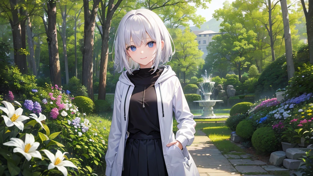 Ultra-high image quality,Look at viewers, hands behind back, girl with, 20 years old, Very short hair, long bangs between eyes, pale blue eyes, Hoodie, Skirt , Extremely detailed,(masterpiece、top-quality),White hair、A smile、Fantastical, Silver hair, Black eyes, Hoodie, White hoodie,a black skirt,Hair is short,White jacket, Casual style,Open jacket, Cowboy Shot、Fluttering hair、a small face、Bright smile、(Detailed face) ,profetional lighting,fantastic landscape,Blue sky, Sunlight,look down from above,portraitures、fountain in the forest、flower field