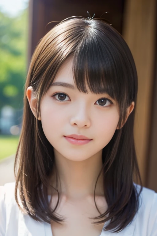 "Japan girl at , Face Close-up, brown-haired, Beautiful detail eyes and lips, 2 hairs, Cute and innocent, White open collar shirt, Delicate collarbones, In a soft and bright cafe, Smiling, Wrapped in soft sunlight. Scenes painted in pastel colors, similar to classic portraiture. Images contain high quality details, Young Girl々captures the charm and vibrancy of。。