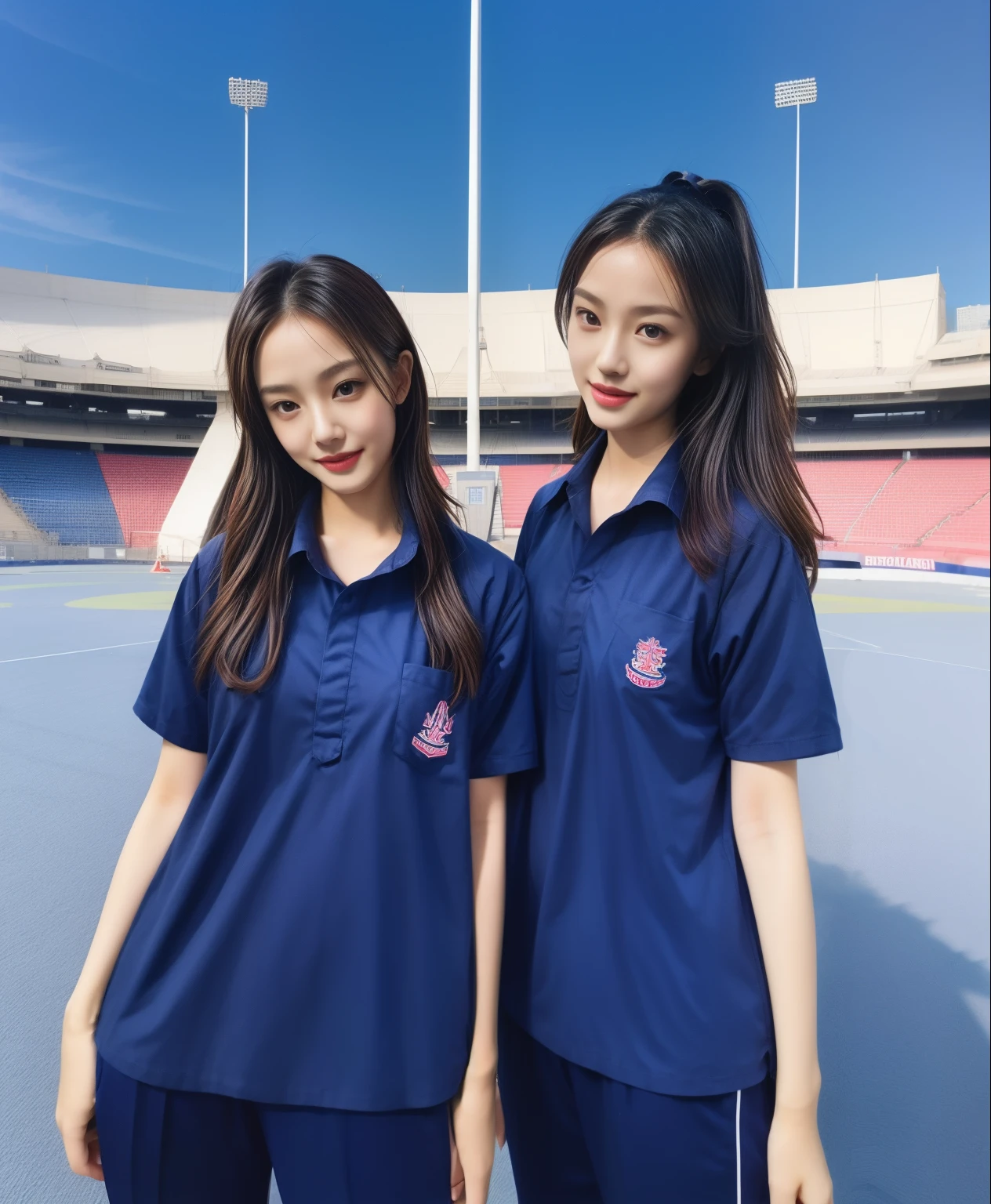 (bestquality,10,10,highres,masterpiece:1.2),ultra-detail,(Realistic,photorealistic portrait,photo-realistic:1.37),1 Cute girl in the football field,oily shiny skin,bara,light smile,BDclothelue shirt:1.3)),short sleeves,shirt, trousers.,(navy_long_Pants Track:1.1), ((Stadium Background:1.3)),dynamic angle,excited,face focus,Dynamic Poses,from behide,Ass Focus,masterpiece, bestquality, ultra realistic, hyper-detail, 8k resolution, RAW photo, crisp focus, ((Navy blue shirt:1.1)), short sleeves, Long Path, Perfect body, 2 mature women, 18yo, cinematic light,Blue sweatpants,Gymware,Correct anatomy,Complete body, Correct body, sharp face, Anatomically correct body, full entire body, Realistic gestures, long-haired, Realistic poses,Wear long shorts..........................................,Long leg span,Shapely,Sculpting Girl, Slender Figure, mannequin mannequins, Shapely, Beautiful body,Blue sweatpants, Two girls kissing