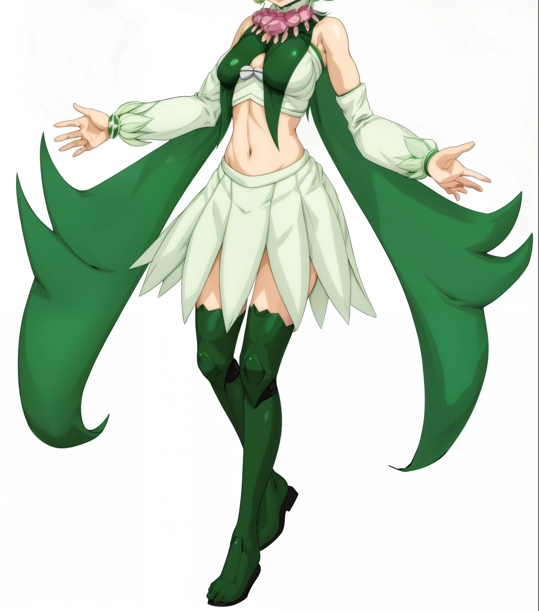 a cartoon image of a woman in a green and white outfit, tatsumaki, rogue anime girl, anime woman fullbody art, full body adoptable, female anime character, sil from species, humanoid flora, best anime character design, anime girl named lucy, fullbody shot, official character art, anime character, full body concept, aqua from konosuba