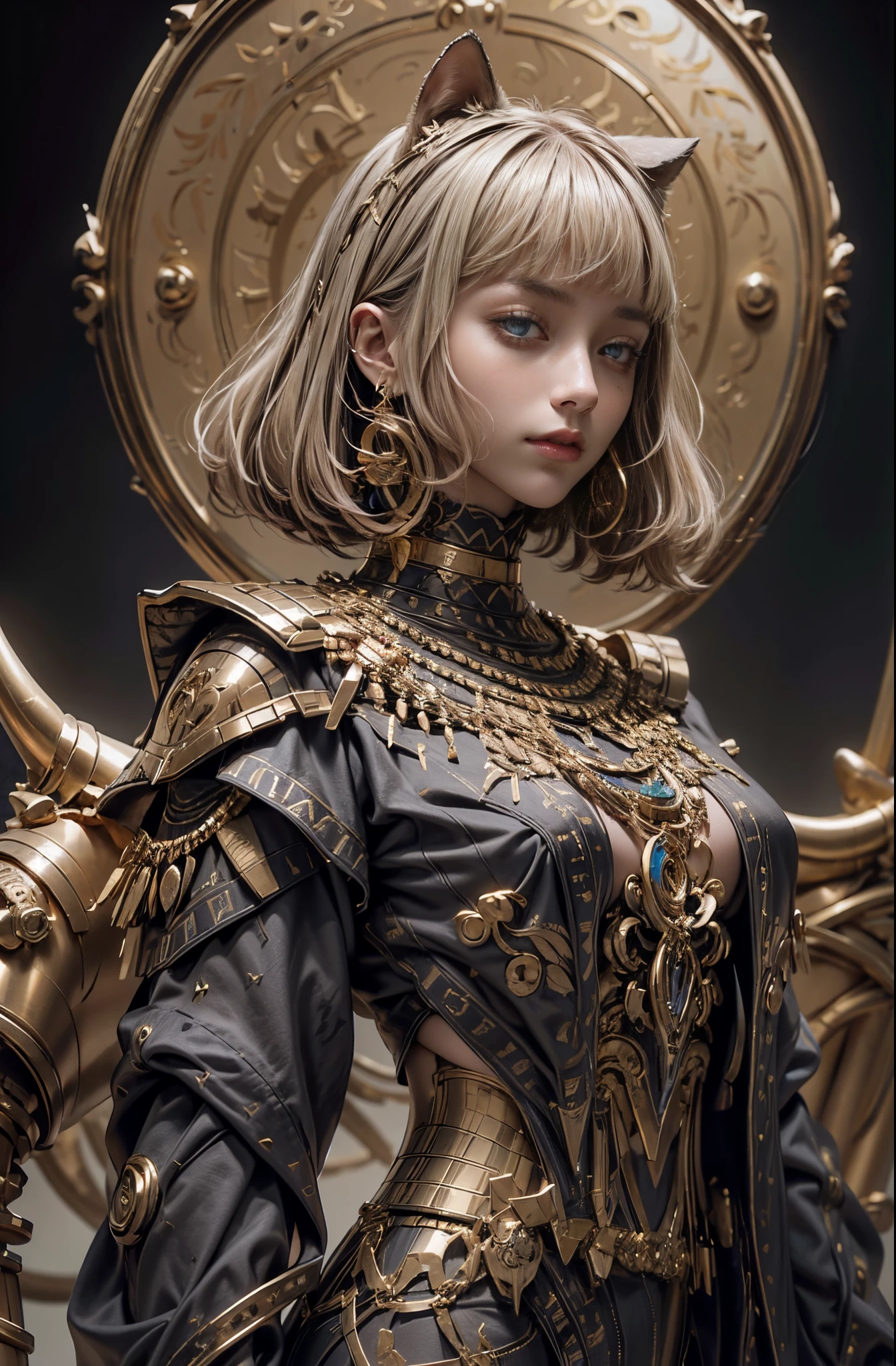 Beautiful blonde girl in gold and black armor., blue eyes, Gold Jewelry, Epic beautiful characters, captured on canon eos r 6, (Realistic face details), intricate detailed, Portrait of a beautiful girl, very high details, photo-hyper-realistic, 8k, UHD, hyperdetailed, (Dynamic Poses:1.4),