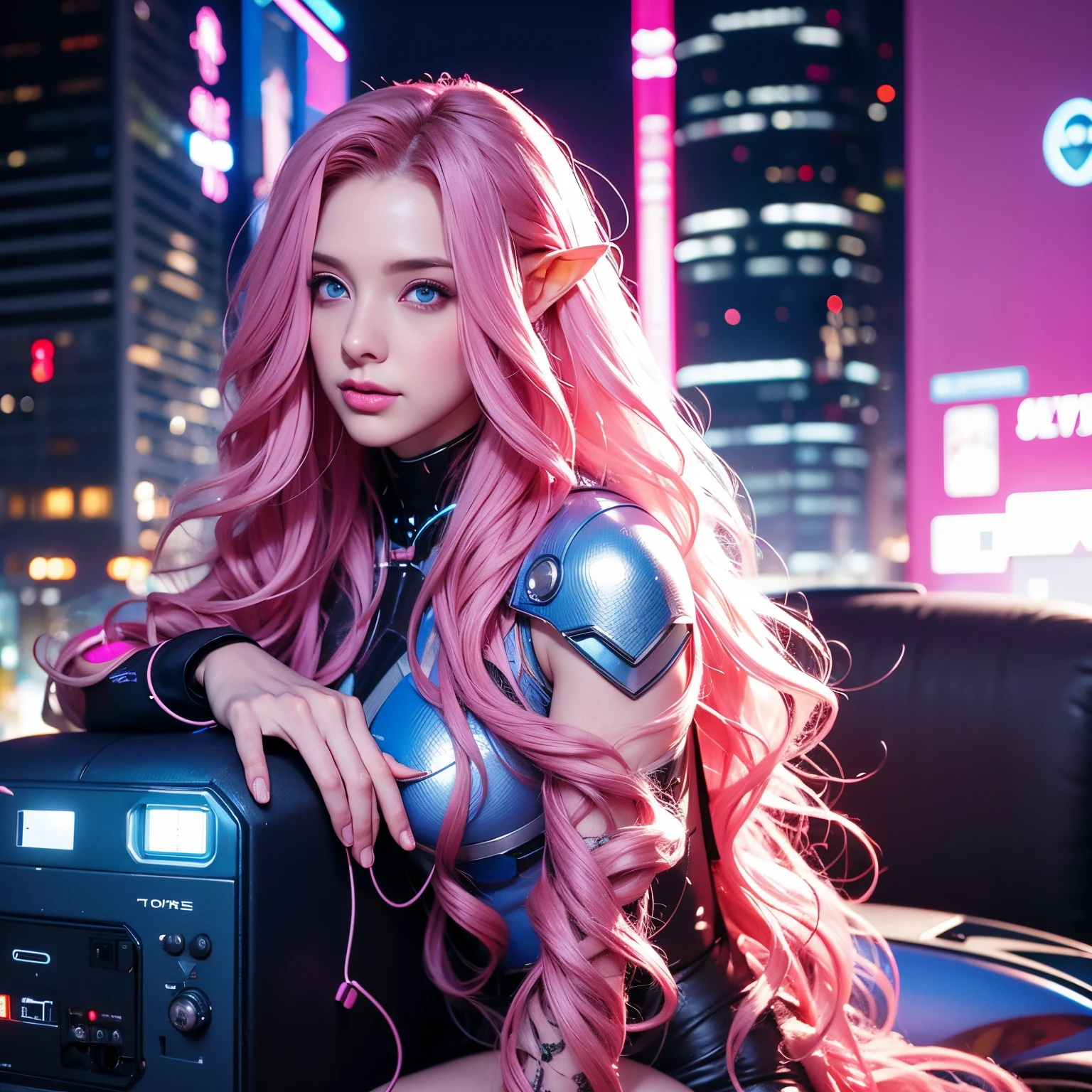 “Woman, long curly hair, pink hair, blue eyes, elf, Cyberpunk, Technology, sitting, technological clothing