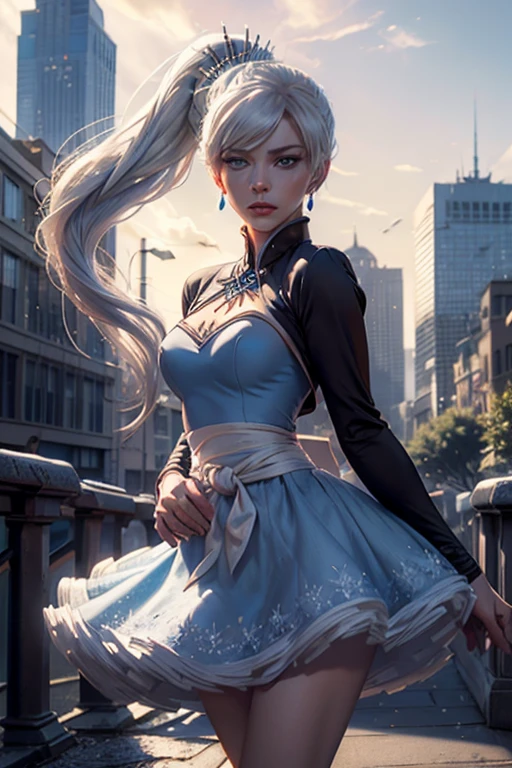 masterpiece,best quality, (weiss schnee from RWBY), (blue eyes), (long white hair), (side ponytail), (medium breasts), (weissmistral, blue dress, long sleeves, jewelry, earrings), cityscape background