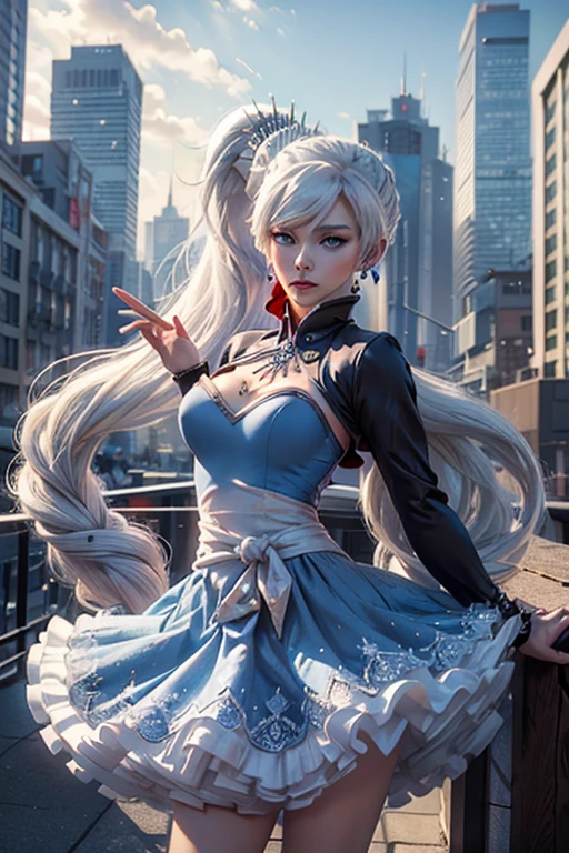 masterpiece,best quality, (weiss schnee from RWBY), (blue eyes), (long white hair), (side ponytail), (medium breasts), (weissmistral, blue dress, long sleeves, jewelry, earrings), cityscape background