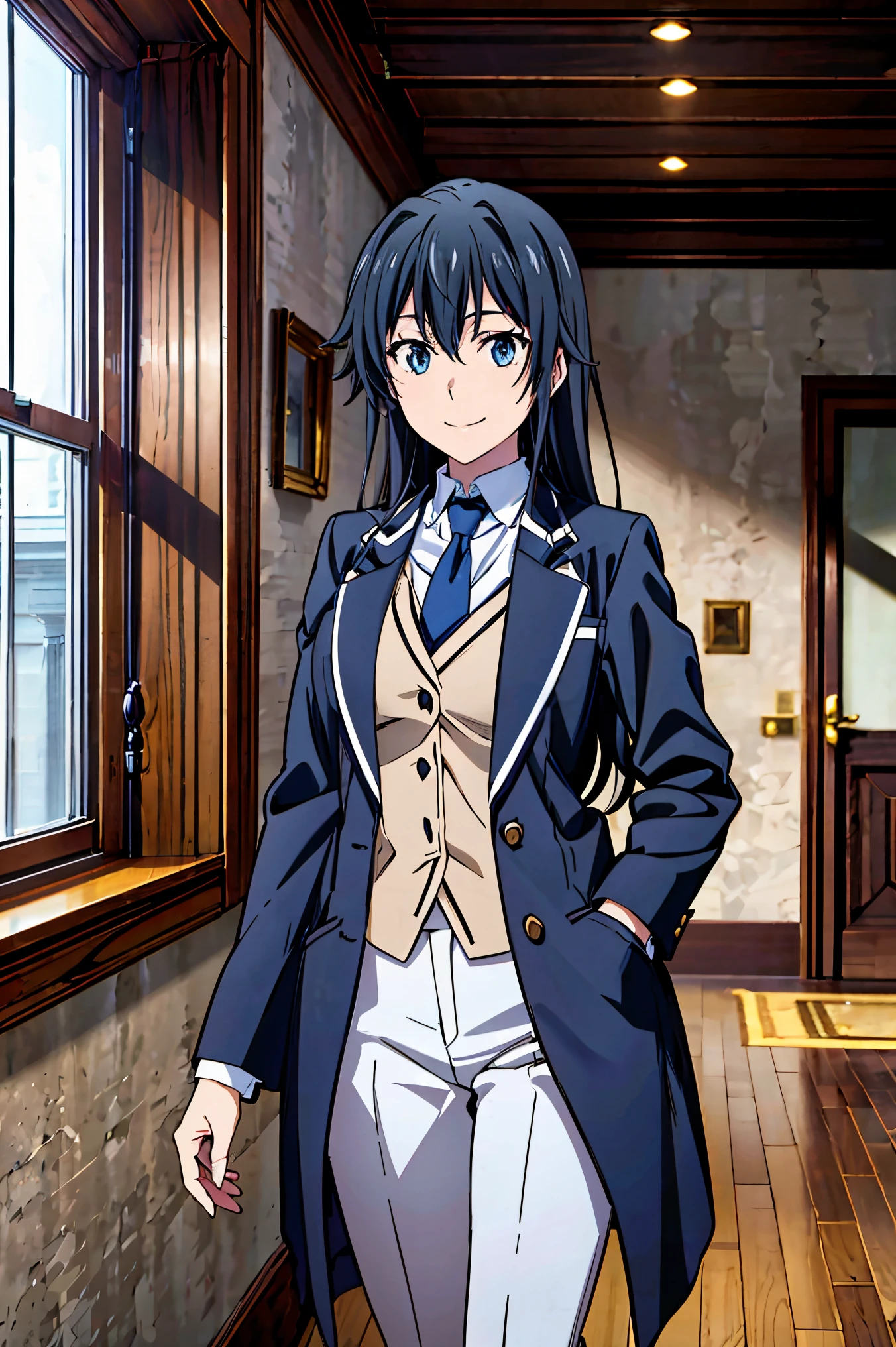 Yukinoshita yukino ,woman in formal attractive tailcoat standing in a large alcove in the room , 1girl, solo, blue necktie, black hair, blue eyes, long hair, smile , collared shirt, white pants, white shirt , tailored tailcoat elegant , standing in front of a window ,tailcoat tailored to elegant . Featuring striking Victorian theme and crafted from the lustrous fabric