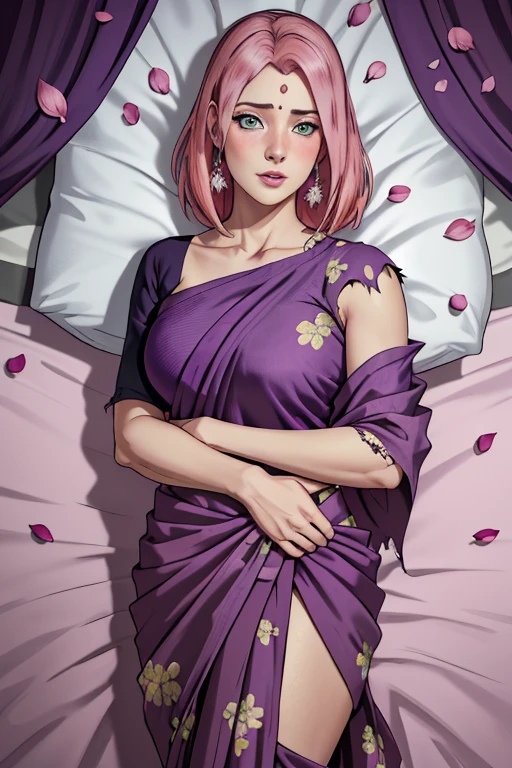 masterpiece, absurdres, sakura\(boruto\), 1girl, solo,mature female, (wearing indian purple saree, revealing torn clothes, torn clothes:1.3), looking at viewelling petals), perfect composition, detailed lips, big breast, beautiful face, body propotion, blush, (pink lips), long pink hair, hair over shoulder, Green-eyed, soft gaze, super realistic, detailed, photoshoot, realistic face and body, in bed