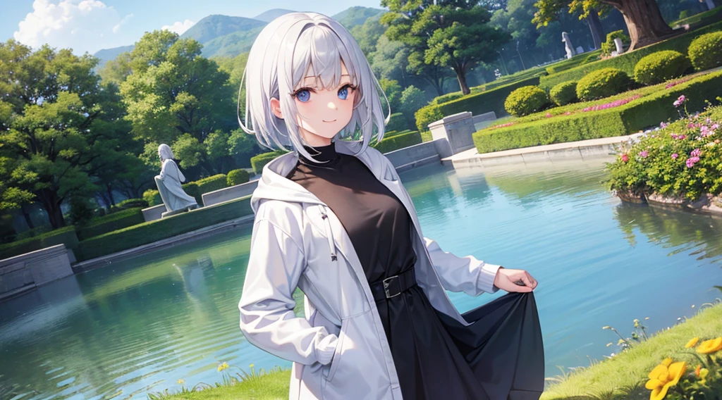 Ultra-high image quality,Look at viewers, hands behind back, girl with, 20 years old, Very short hair, long bangs between eyes, pale blue eyes, Hoodie, Skirt , Extremely detailed,(masterpiece、top-quality),White hair、A smile、Fantastical, Silver hair, Black eyes, Hoodie, White hoodie,a black skirt,Hair is short,White jacket, Casual style,Open jacket, Cowboy Shot、Fluttering hair、a small face、Bright smile、(Detailed face) ,profetional lighting,fantastic landscape,Blue sky, Sunlight,look down from above,fountain in the forest、flower field