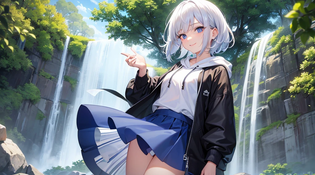 Ultra-high image quality,Look at viewers, hands behind back, girl with, 20 years old, Very short hair, long bangs between eyes, pale blue eyes, Hoodie, Skirt , Extremely detailed,(​masterpiece、top-quality),White hair、A smile、Fantastical, Silver hair, Black eyes,  Hoodie, White hoodie,a black skirt,Hair is short,White jacket, Casual style,Open jacket,  Cowboy Shot、Fluttering hair、a small face、Bright smile、(Detailed face) ,profetional lighting,fantastic landscape,Blue sky, Sunlight,look down from above,fountain in the forest、flower  field