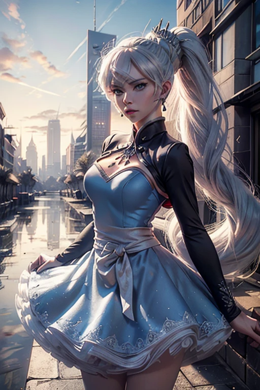 masterpiece,best quality, (weiss schnee from RWBY), (blue eyes), (long white hair), (side ponytail), (medium breasts), (weissmistral, blue dress, long sleeves, jewelry, earrings), cityscape background
