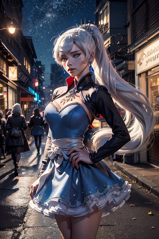 masterpiece, (standing:1.1), dynamic pose, heart shaped face, elegant face, beautiful face, highly detailed face, highly detailed skin, skin pores, subsurface scattering, realistic pupils, looking at viewer, full lips, depth of field, sharp focus, absurdres, realistic proportions, good anatomy, (realistic, hyperrealistic:1.4), 16k hdr, weiss schnee, standing in train, long white hair, side ponytail