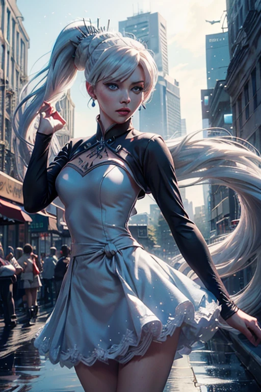 masterpiece,best quality, (weiss schnee from RWBY), (blue eyes), (long white hair), (side ponytail), (medium breasts), (weissmistral, blue dress, long sleeves, jewelry, earrings), cityscape background
