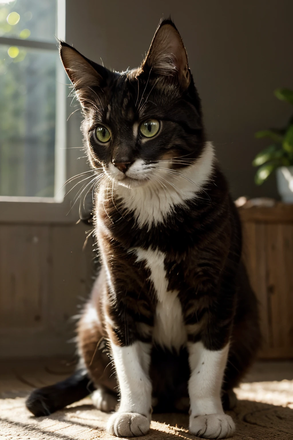 Por favor, create a maximum quality image with advanced levels of detail and cinematic style. Na cena, destaque um gato tigrado com pelagem ricamente detalhada e olhos verdes expressivos. Concentre-se nos detalhes das listras, texturas do pelo e nuances de cor. Use lighting that highlights the cat’s contours, creating a captivating and cinematic atmosphere. Make sure you capture the cat's unique essence, conveying your personality and curiosity through pose and facial expression. The color palette must be carefully chosen to accentuate the feline's beauty and create a visually striking composition..