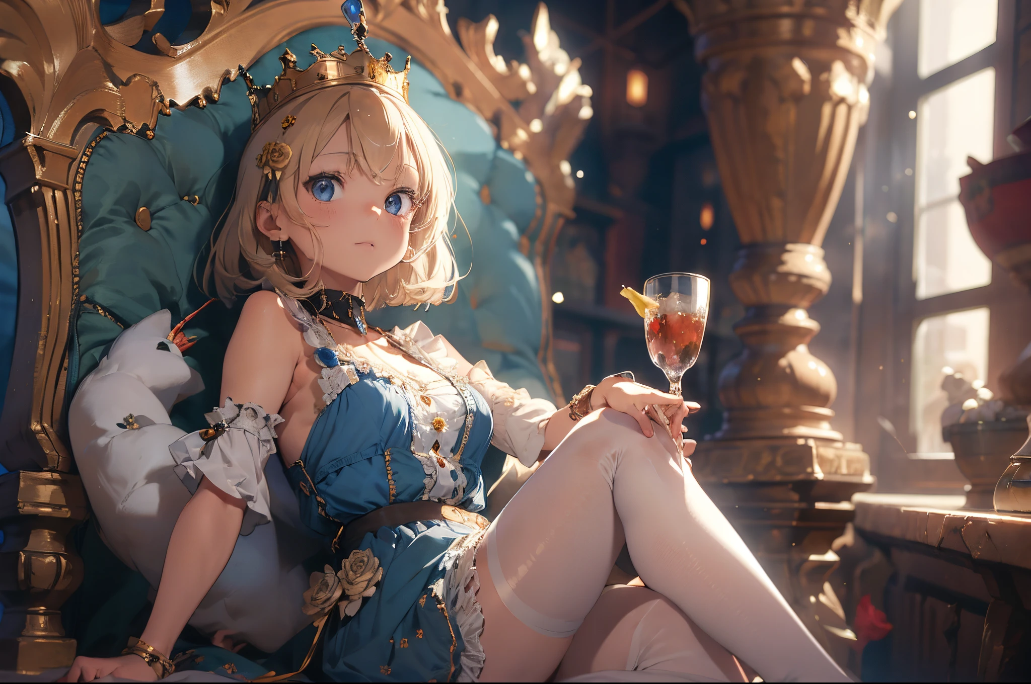(The highest image quality, master piece:1.2), (Ultra Definition Illustration), (very beautiful matured queen:1.3), (1 girl:1.2), Solo, (shoot from very below:1.3) ,(condescending look:1.3), (sleeveless gorgeous queen blue dress with roses:1.3), sitting on the throne chair, queen crown, Full body, Round baby face, (Glasses, Blonde Short-Cut Hair), (white thigh high pantyhose:1.2), (Evil smile, mean face), Luxurious palace rooms, Fancy Room, RPG Royale,