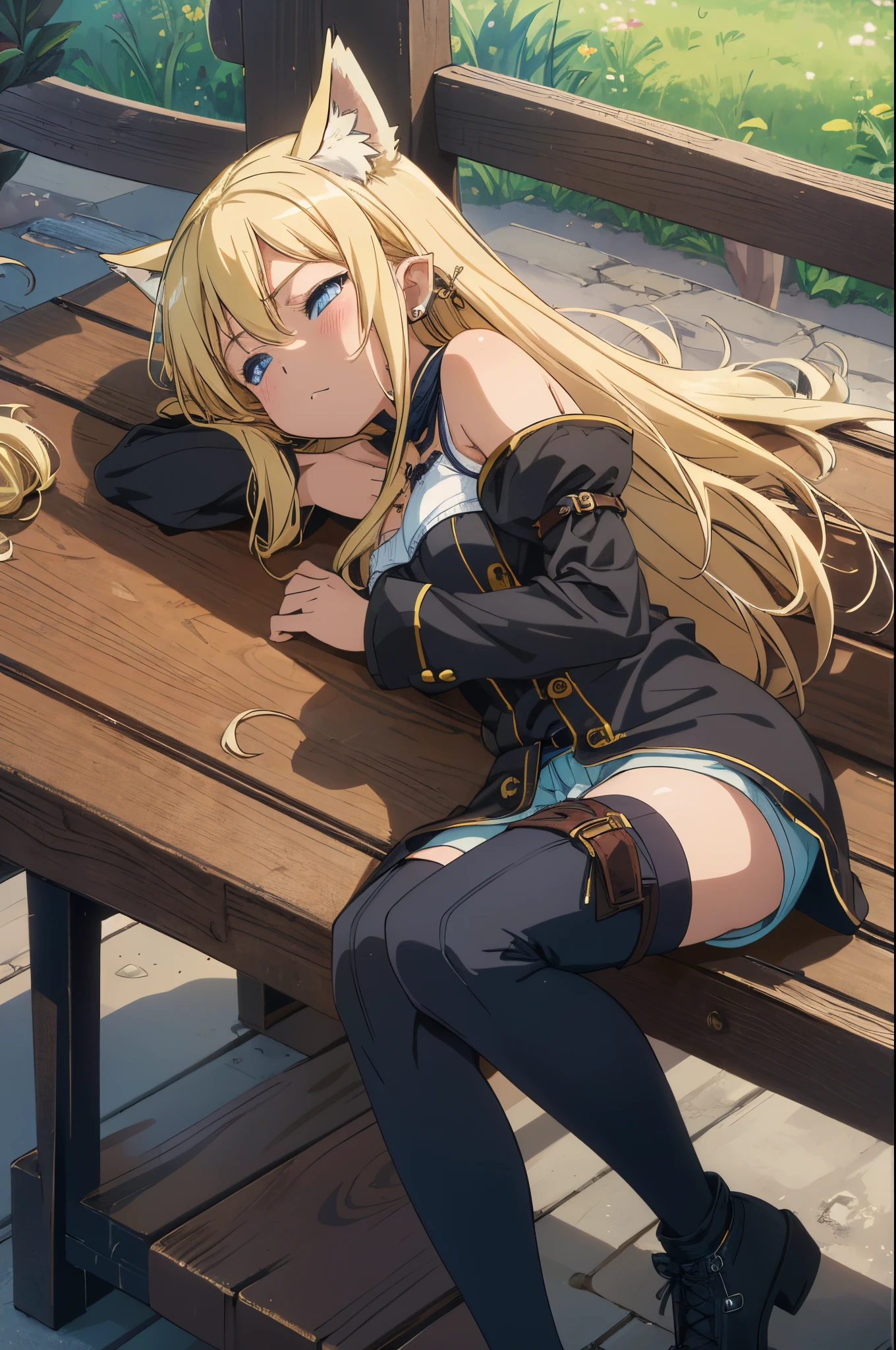 8K, Best Quality, Masterpiece, Ultra High Resolution, young girl, (very long length blonde hair) blue eyes, flowing hair, shorts, cute girl, blonde hair, dark skin, dark skinned, dark skin toned, tall black boots, beautiful, nerdy, girl, 10 years old, big breasts, black and white fox ears with piercings, sweetheart, fantasy pirate world, sleeping on a bench outside, candid, sophisticated, black girl, fox ears, outside, lying on her side fast sleep on a bench by the upper dock, fast asleep, lying down on the bench on her right side