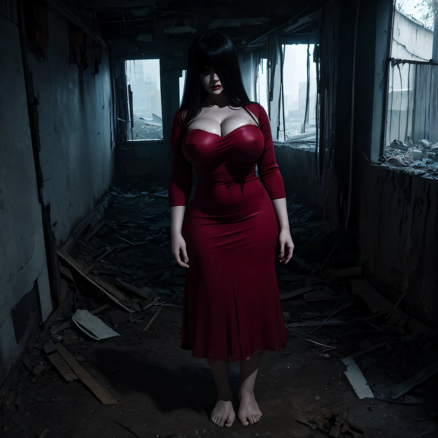 (masterpiece:1.1, Best Quality:1.1, 16K HDR, High resolution), (1girl in, Solo), Ultra-realistic portrait of Sadako Yamamura, the ring, Black hair, Long hair, (((ultra long Bangs, hidden eyes by ultra long bangs, ultra long bangs over eyes))), large boobs, large cleavage, large breasts, large tits, inside an abandoned buildings, Realistic skin texture, Perfect slim body style, (red dress, bare foots), just standing,