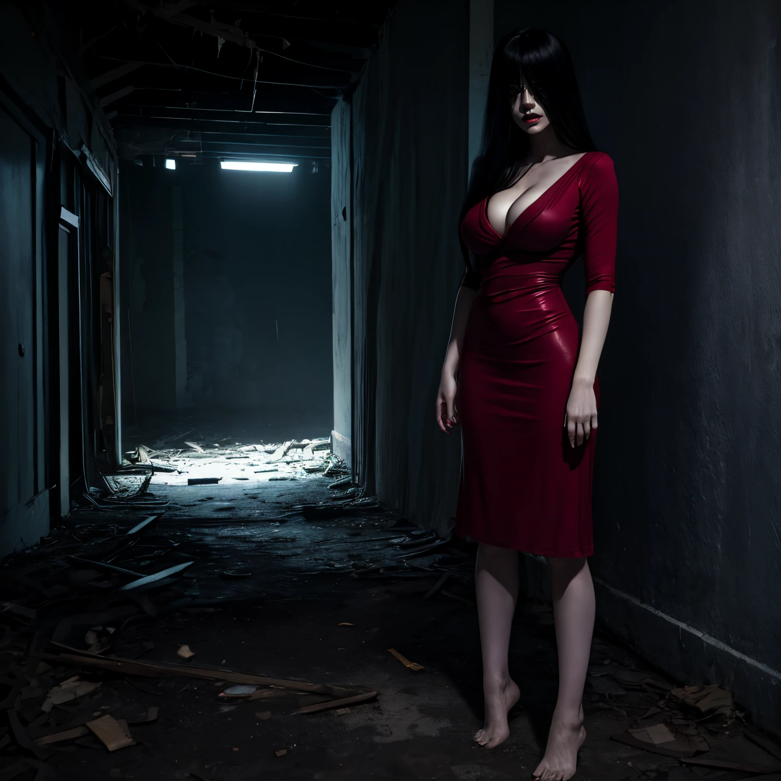 (masterpiece:1.1, Best Quality:1.1, 16K HDR, High resolution), (1girl in, Solo), Ultra-realistic portrait of Sadako Yamamura, the ring, Black hair, Long hair, (((ultra long Bangs, hidden eyes by ultra long bangs, ultra long bangs over eyes))), large boobs, large cleavage, large breasts, large tits, inside an abandoned buildings, Realistic skin texture, Perfect slim body style, (red dress, bare foots), just standing,