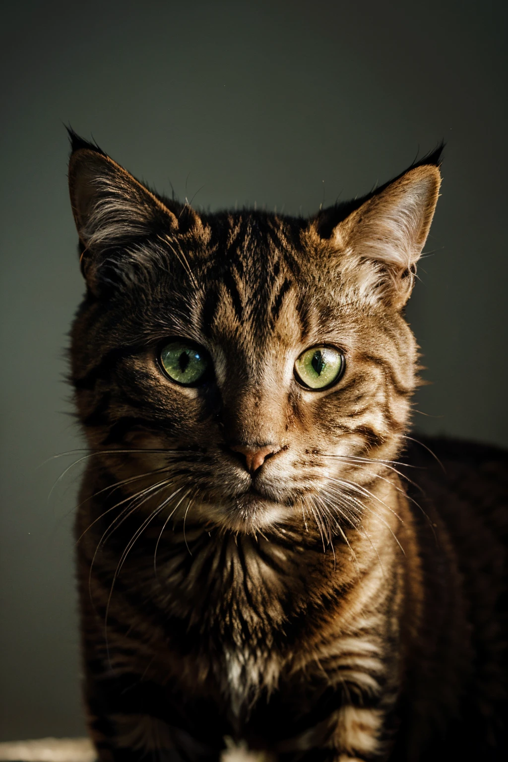 Por favor, create a maximum quality image with advanced levels of detail and cinematic style. Na cena, destaque um gato tigrado com pelagem ricamente detalhada e olhos verdes expressivos. Concentre-se nos detalhes das listras, texturas do pelo e nuances de cor. Use lighting that highlights the cat’s contours, creating a captivating and cinematic atmosphere. Make sure you capture the cat's unique essence, conveying your personality and curiosity through pose and facial expression. The color palette must be carefully chosen to accentuate the feline's beauty and create a visually striking composition..