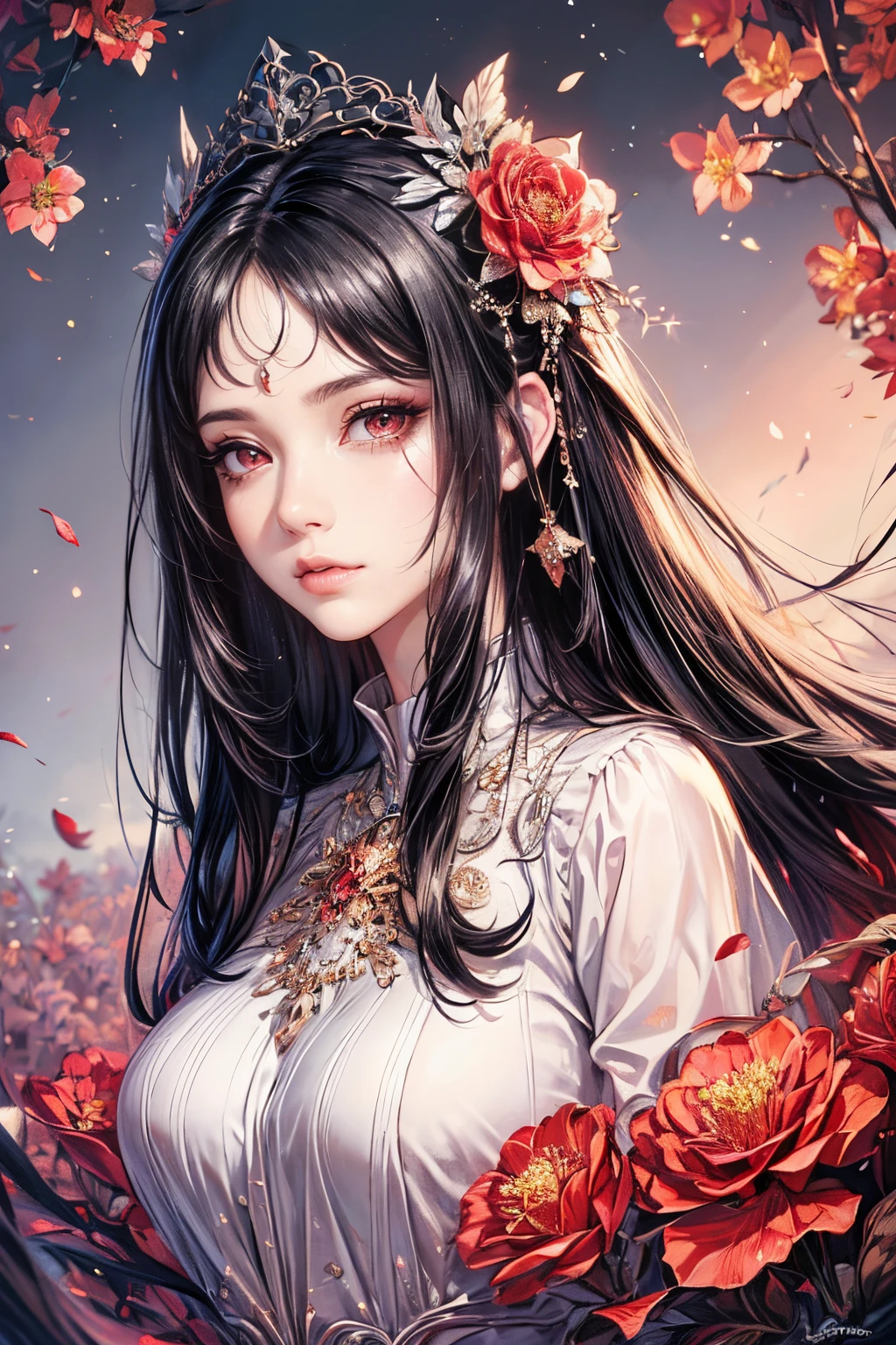 (best quality,8K,CG),(detailed upper body),(lonely girl),(floral dresorest background),(detailed facial features),(elegant black long hair),(almond-shaped red eyes),(detailed eye makeup),(long fluttering eyelashelinking large eyes),(twinkling stars),(intricate lip details),(soft and harmonious style)