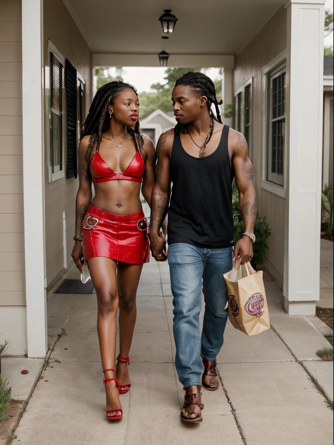 Photo image, show entire body, coffee skinned African American middle aged couple walking into their home with groceries. the male is tall with dreadlocks and tattoos. the female is short, chiseled face, athletic body, slanted eyes, high cheeks, and full red lips. she has tattoos and piercings with long curly blonde wearing red heels