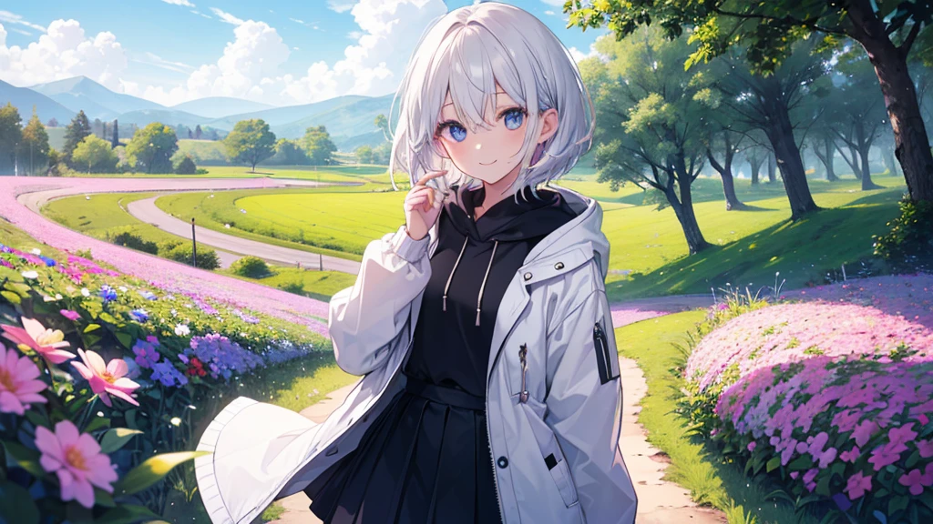 Ultra-high image quality,Look at viewers, hands behind back, girl with, 20 years old, Very short hair, long bangs between eyes, pale blue eyes, Hoodie, Skirt , Extremely detailed,(masterpiece、top-quality),White hair、A smile、Fantastical, Silver hair, Black eyes, Hoodie, White hoodie,a black skirt,Hair is short,White jacket, Casual style,Open jacket, Cowboy Shot、Fluttering hair、a small face、Bright smile、(Detailed face) ,profetional lighting,fantastic landscape,Blue sky, Sunlight,look down from above,portrait forest in the woods、flower field