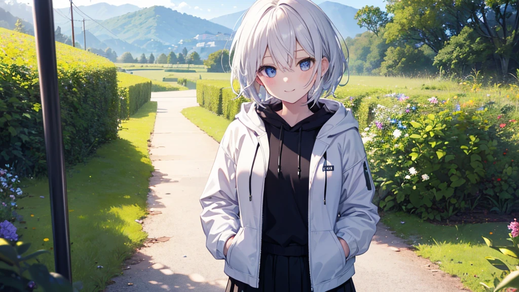 Ultra-high image quality,Look at viewers, hands behind back, girl with, 20 years old, Very short hair, long bangs between eyes, pale blue eyes, Hoodie, Skirt , Extremely detailed,(masterpiece、top-quality),White hair、A smile、Fantastical, Silver hair, Black eyes, Hoodie, White hoodie,a black skirt,Hair is short,White jacket, Casual style,Open jacket, Cowboy Shot、Fluttering hair、a small face、Bright smile、(Detailed face) ,profetional lighting,fantastic landscape,Blue sky, Sunlight,look down from above,portrait forest in the woods、flower field