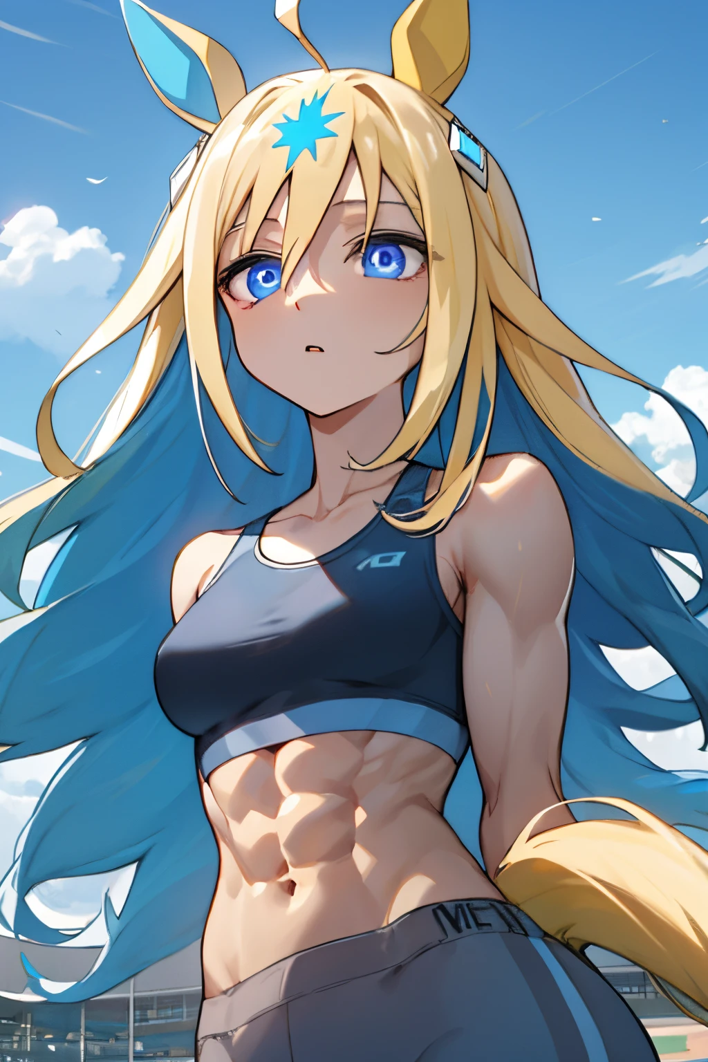 neo universe\(umamusume\), ultra-detailed face, masterpiece, best quality, upper body, front, horse tail, muscle, slender, sports bra, stadium, abs, expressionless, look up