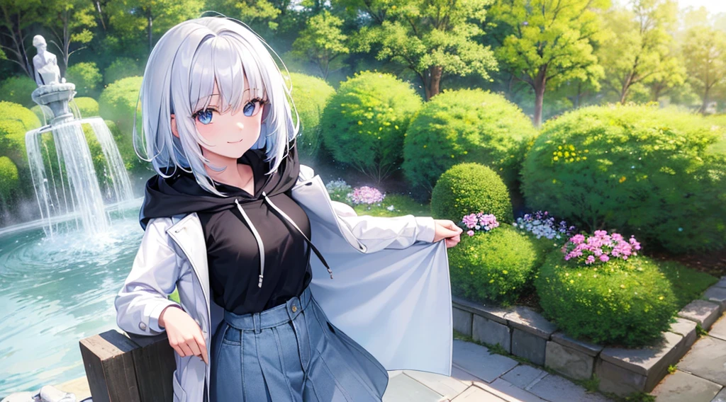 Ultra-high image quality,Look at viewers, hands behind back, girl with, 20 years old, Very short hair, long bangs between eyes, pale blue eyes, Hoodie, Skirt , Extremely detailed,(​masterpiece、top-quality),White hair、A smile、Fantastical, Silver hair, Black eyes,  Hoodie, White hoodie,a black skirt,Hair is short,White jacket, Casual style,Open jacket,  Cowboy Shot、Fluttering hair、a small face、Bright smile、(Detailed face) ,profetional lighting,fantastic landscape,Blue sky, Sunlight,look down from above,portraitures、fountain in the forest、flower  field