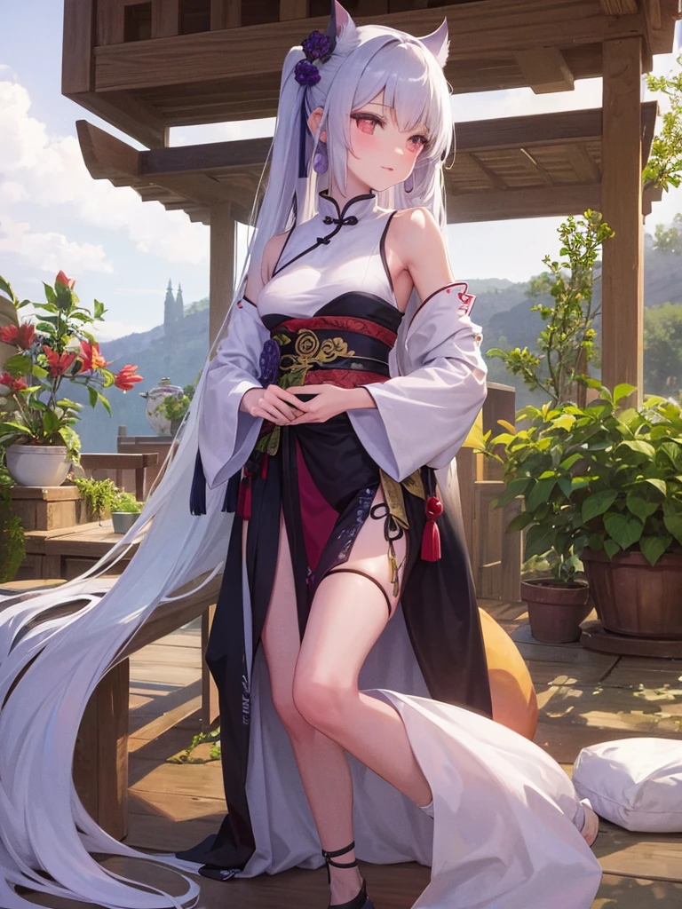 masutepiece, High image quality, high detailing, Warlords of the Warring States Period in China, One girl, Transcendent beauty, Platinum Hair, Hair tied with a red string, Ponytail, Jade Eyes, Shining eyes, Chinese royal attire, blue and white clothes ((sleeves removed))