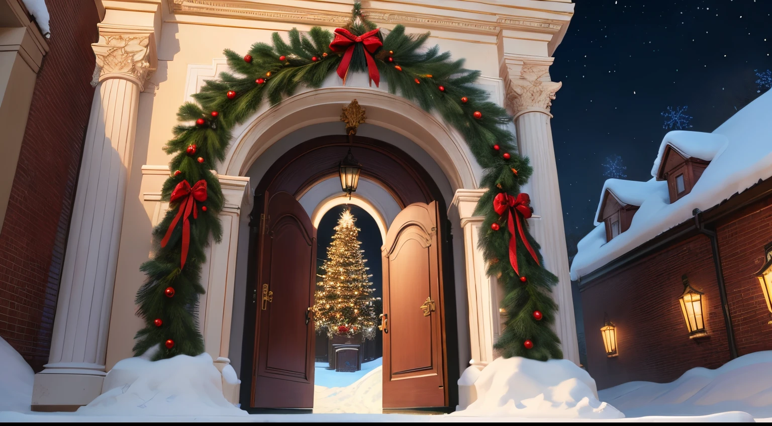 A very elegant christmas arch door with elegant decorations around, 4k, no type, no tilted view, front view