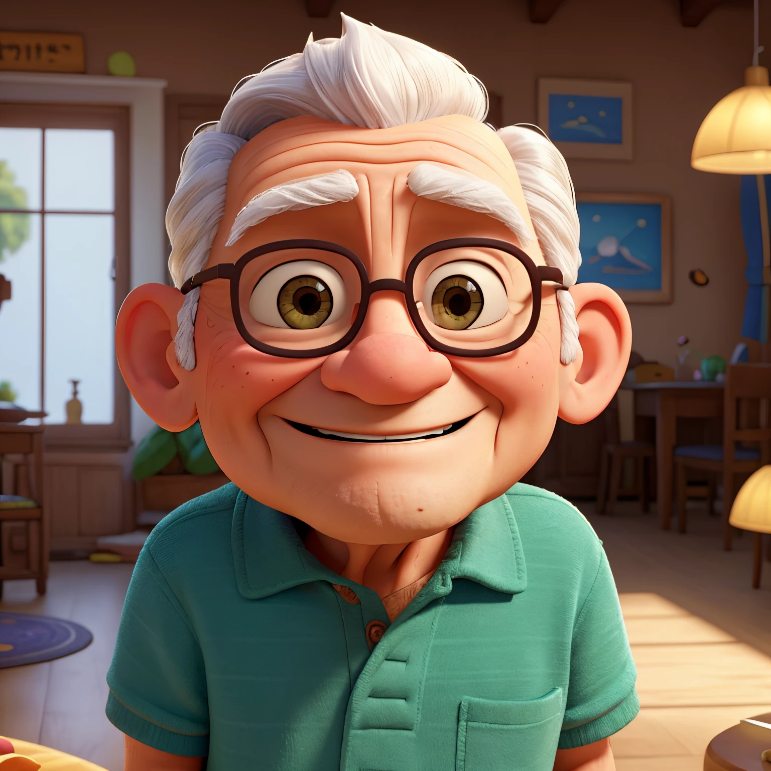 Uma feliz, Adorable old man living alone at home, Coma boa comida、Desenhar、Assistir TV、Olhe para o seu telefone. He spends his days on Disney-Pixar-style illustrations. (best quality, 4k, A high resolution, master part:1.2), ultra-detalhado, Realistic:1.37, cores vibrantes, Playful lighting, detailed facial features, cheerful expressions, comfy interior, Disney Pixar animation style, Reconfortante, roupas detalhadas, ambiente acolhedor, friendly atmosphere, A good-hearted old man, fundo colorido, Warm and pleasant, atmosfera tranquila, Design de personagens no estilo Pixar, detalhes extravagantes,  composition.