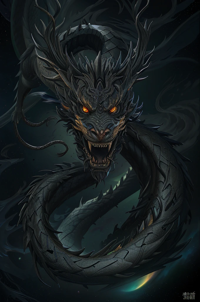 great masterpiece,winning artwork,UHD resolution,Extremely detailed composition,Very strong layering,(Extremely dark cosmic space background:1.4),(Clean black background:1.3),A black dragon,The eyes are bright, Black Dragon,Black Chinese dragon, chinese dragon concept art, dragon oil painting, chinesedragon, Black Dragon, Dragon Art, smooth chinese dragon, Chinese mythology, The majestic Japanese black dragon, chinese fantasy, ryujin,Very mysterious,8K