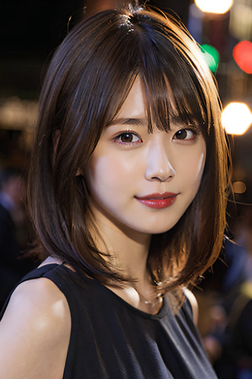 (8K、Raw photography、top-quality、​masterpiece:1.2)、(realisitic、Photorealsitic:1.37)、ultra-detailliert、超A high resolution、女の子1人、see the beholder、beautifull detailed face、A smile、Constriction、(Slim waist) :1.3)、short-cut、Beautiful detailed skin、Skin Texture、Floating hair、Professional Lighting、Whole human body、Brown hair、