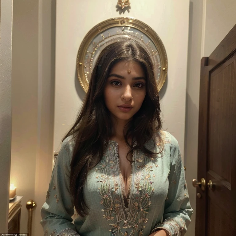 (Best quality, Ultra-detailed, Masterpiece:1.5), Photorealistic photograph of a beautiful pakistani woman at a party. The woman should have a flawless, highly detailed face (Highly Detailed Skin) with soft, luminous skin. Her long hair should be naturally brown and stylishly arranged. (Perfect Eyes:1.2). high budget, ultra resolution, fashionable outfit, unique style, expressive eyes, vibrant smile, confident, charismatic, captivating, full body,