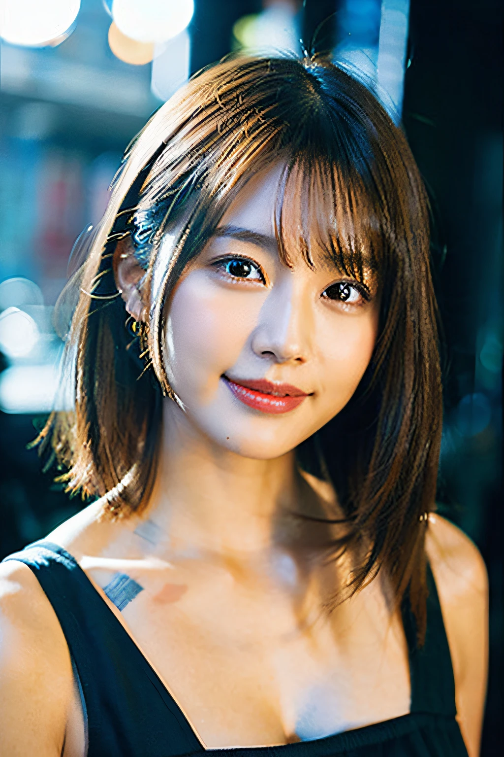 (8K、Raw photography、top-quality、masterpiece:1.2)、(realisitic、Photorealsitic:1.37)、ultra-detailliert、超A high resolution、1人、see the beholder、beautifull detailed face、A smile、Constriction、(Slim waist) :1.3)、short-cut、Beautiful detailed skin、Skin Texture、Floating hair、Professional Lighting、Whole human body、Brown hair、