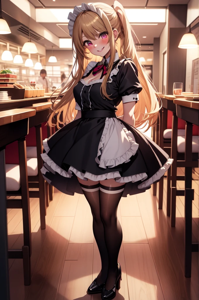 anime, beautiful face, highly detailed face, detailed perfect eyes, perfect hair, perfect lips, accurate arms, accurate hands, perfect legs, accurate footware. highly detailed background, front lighting, perfect lighting, full body, 1girl, solo, ruby hoshino, ruby, oshi no ko, heels, blonde hair, thighhighs, stockings, absurdres, high res, ultrasharp, 8K, masterpiece, looking at viewer, in a maid cafe, restaurant (sexy pose:1.4), (full body:1.3), waitress, maid mini skirt, nearly nude, lifting skirt, panties in view, beautiful panties, cleavage, stockings, full of delight, smiling full of compassion, blushed
