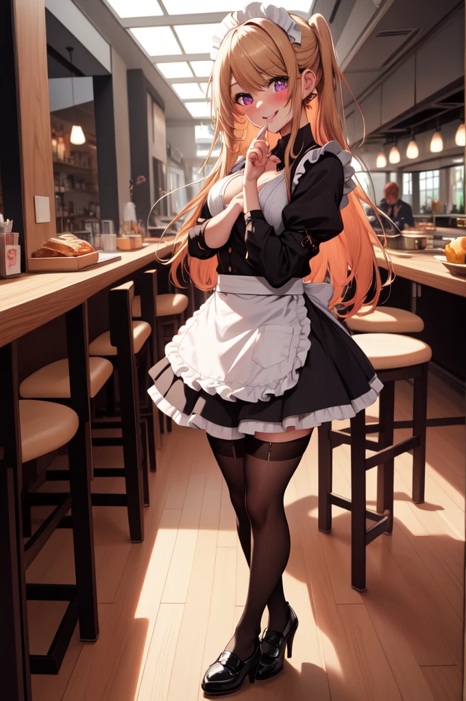 anime, beautiful face, highly detailed face, detailed perfect eyes, perfect hair, perfect lips, accurate arms, accurate hands, perfect legs, accurate footware. highly detailed background, front lighting, perfect lighting, full body, 1girl, solo, ruby hoshino, ruby, oshi no ko, heels, blonde hair, thighhighs, stockings, absurdres, high res, ultrasharp, 8K, masterpiece, looking at viewer, in a maid cafe, restaurant (sexy pose:1.4), (full body:1.3), waitress, maid mini skirt, nearly nude, lifting skirt, panties in view, beautiful panties, cleavage, stockings, full of delight, smiling full of compassion, blushed