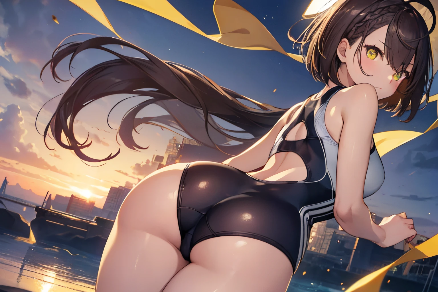 top-quality、Top image quality、in 8K,4K,masterpiece、ultra-detailliert、Beautiful、ultra-quality, Best Quality,High resolution, Ultra-detailed,Game CG,Beautiful detailed eyes,Five Fingers,NSFW,a beauty girl,Baltimore, Baltimore, Brown hair, (yellow eye raid, Ahoge, Short hair, french braids, hair between eye, bob cuts,
(Competitive swimsuit:1.2), thighs thighs thighs thighs, Toned, (Lying), (on stomach,from behind),butt highlight,Shooting from behind,
BREAK (masutepiece:1.2), Best Quality, High resolution, Unity 8k壁纸, extra detailed face, Perfect Lighting, (Perfect hands, Perfect Anatomy),