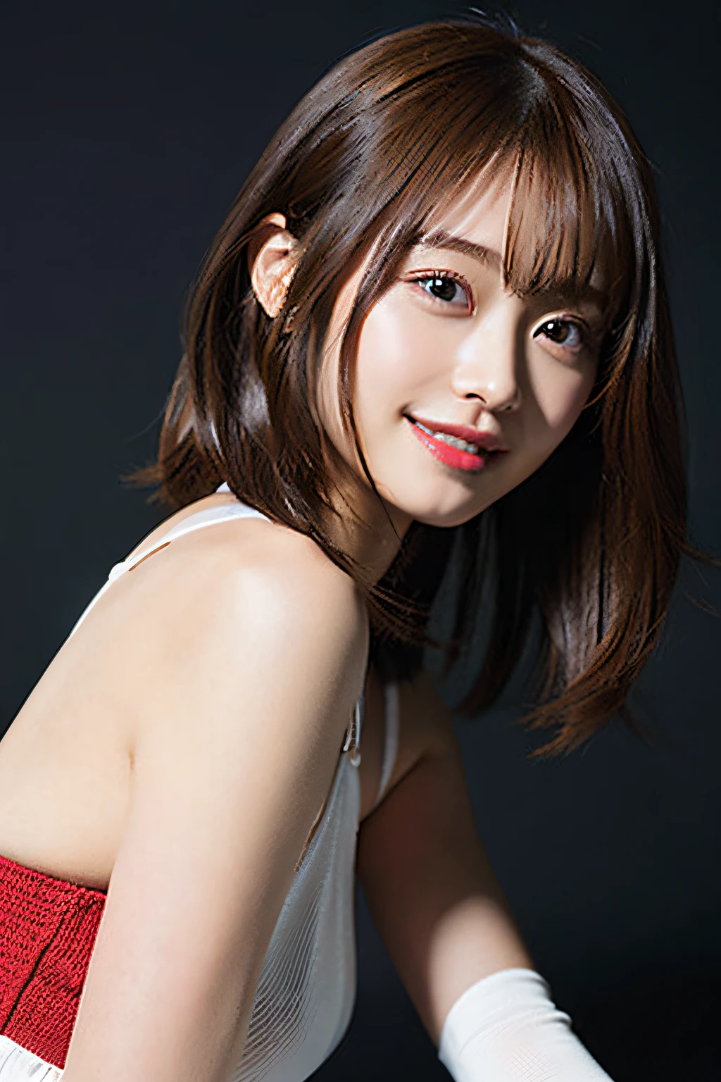 (8K、Raw photography、top-quality、masterpiece:1.2)、(realisitic、Photorealsitic:1.37)、ultra-detailliert、超A high resolution、1人、see the beholder、beautifull detailed face、A smile、Constriction、(Slim waist) :1.3)、short-cut、Beautiful detailed skin、Skin Texture、Floating hair、Professional Lighting、Whole human body、Brown hair、