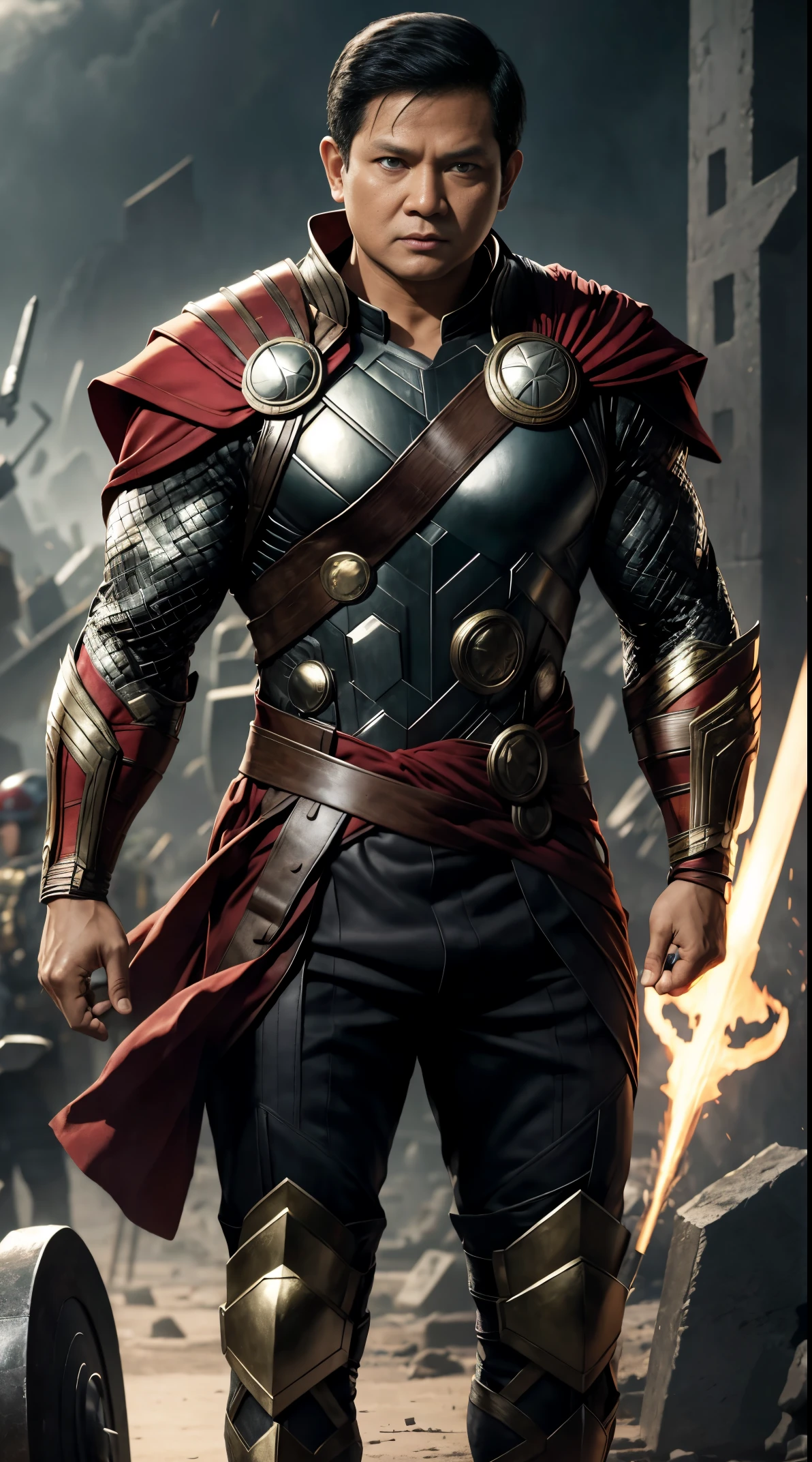 Prabowo Subianto outfit thor, short hair, black hair, cinematic